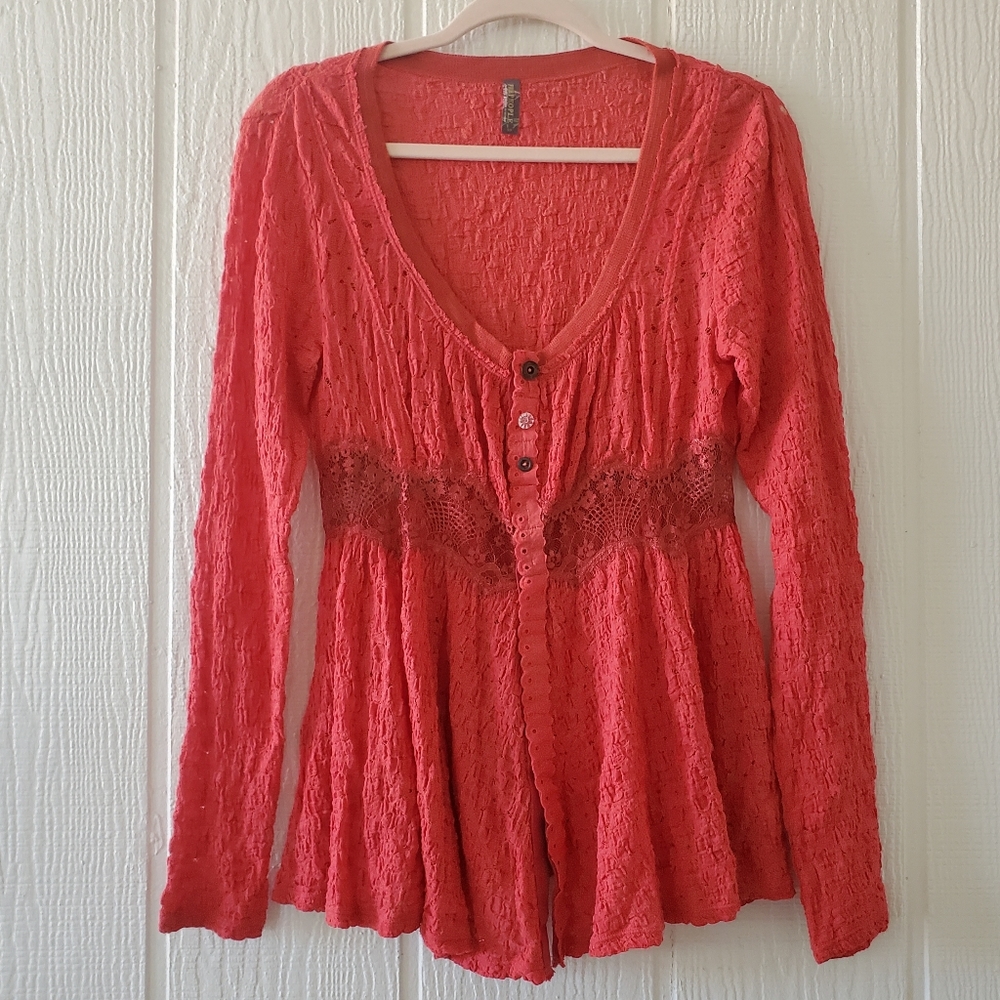 Free People Take Me to Tea Lace Cardigan Orange Mixed Pattern Lace Orange Small